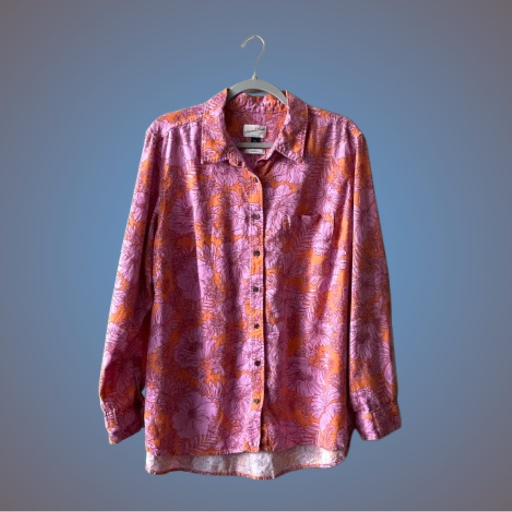 Universal Thread relaxed fit orange & orchid floral patterned linen blend shirt